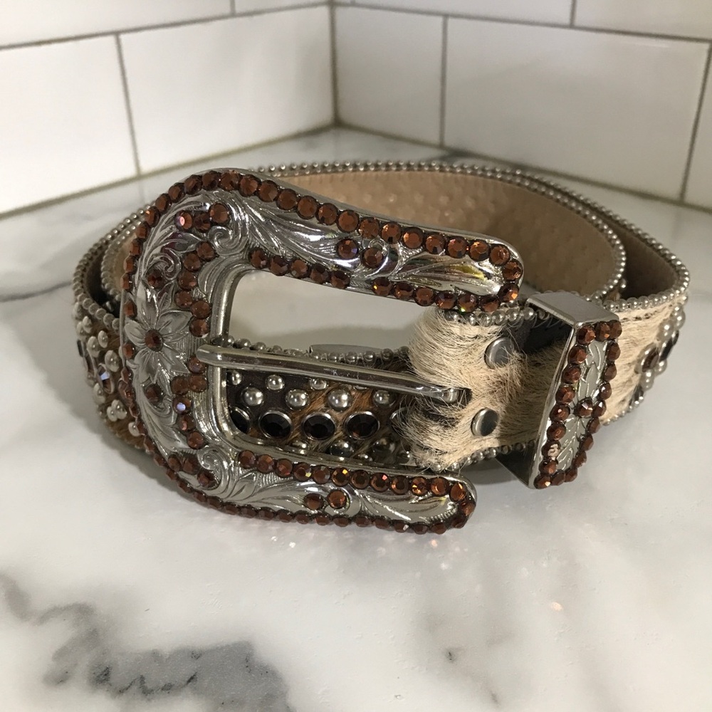 B B Simon Western Belt W/Cognac Rhinestones Silvertone Studs And Buckle XL 44”
